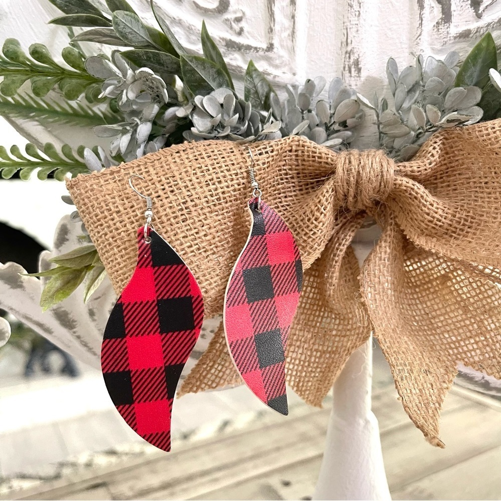Christmas Faux Leather Dangle Earrings Red Buffalo Plaid